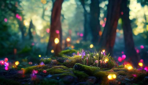 Fondo de bosque de cuento de hadas mágico oscuro con luces brillantes