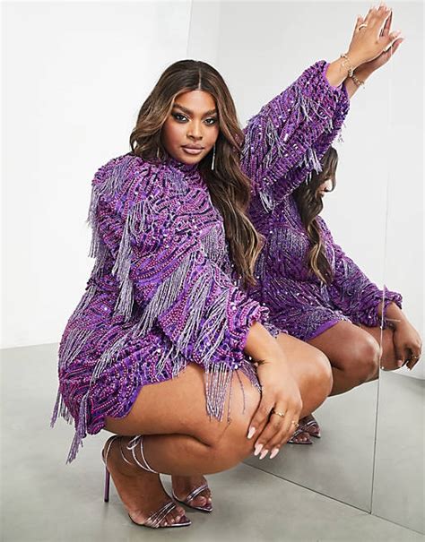 Asos Edition Curve Beaded Fringe And Sequin Mini Dress With Blouson Sleeve In Purple Asos