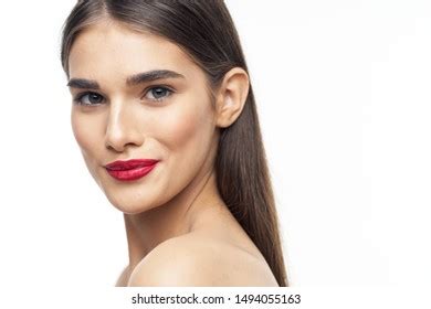 Beautiful Woman Naked Shoulders Red Lips Stock Photo 1494055163