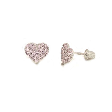 Modern Light Pink Cz Pave Heart Stud Earrings For Girls In 14k White