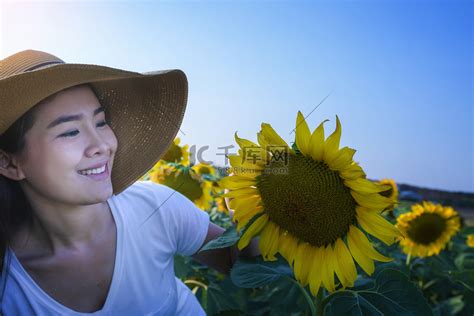 美丽盛开的向日葵田中的美丽女人高清摄影大图 千库网