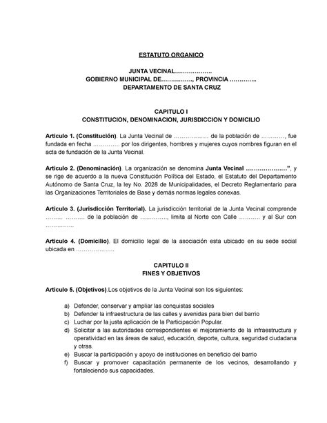 Modelo Estatuto Junta Vecinal ESTATUTO ORGANICO JUNTA VECINAL