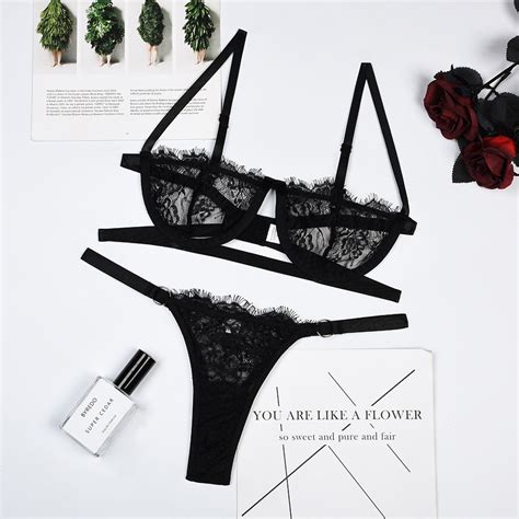 Wholesale Women Floral Transparent Lace Bra Panty Lingerie Set Fashion Sexy Underwear China