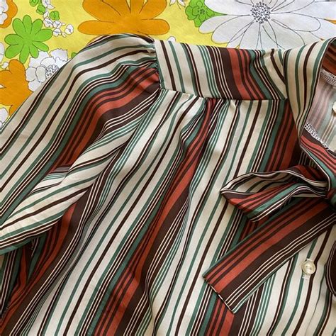 Vintage 1970s Striped Pussy Bow Secretary Blouse M Gem
