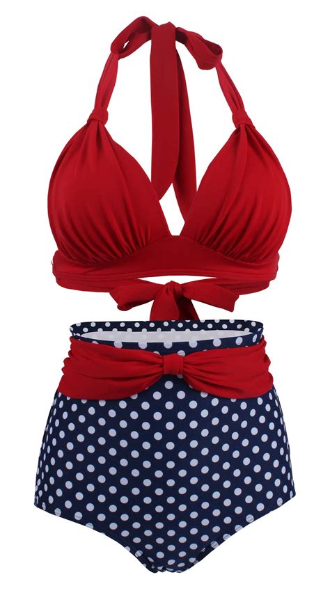 Bslingerie Women Retro Vintage Push Up High Waisted Bikini Swimsuit Plus Size M Red Blue