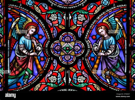 Stained Glass Window Depicting Musicians Playing Musical Instruments