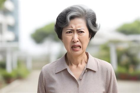 Premium AI Image Disgusted Mature Asian Woman Outdoors Portrait Neural Network Generated