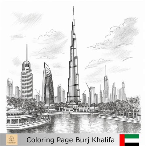 1 Greyscale Burj Khalifa Dubay Printable Coloring Page Printable Adult