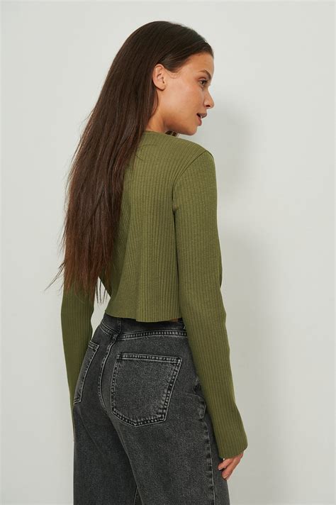 Ribbed Oversized Long Sleeved Crop Top Green Na