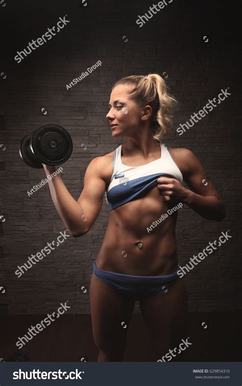Sexy Blond Bodybuilder Woman Bikini Over Stock Photo