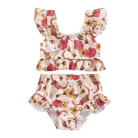 Baby Girls Bikini Set Flower Bull Head Print Fly Sleeve Vest With Elastic Waist Briefs Bathing