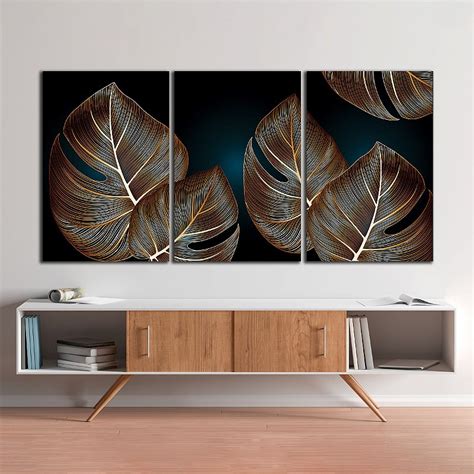 Quadros Decorativos Trio Em Canvas Folhas Douradas Envelhecidas