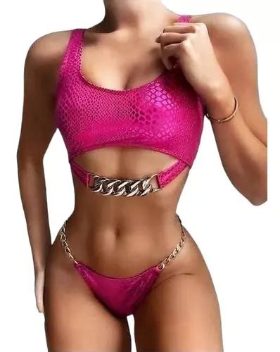 Traje De Ba O Rosa Serpiente Cadena Sexy Bikini Girlboss Env O Gratis