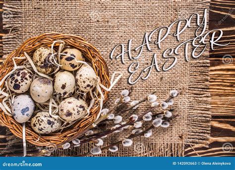 Happy Easter Background With Eggs In A Basket And Pussy Willow Stock Image Image Of Branch