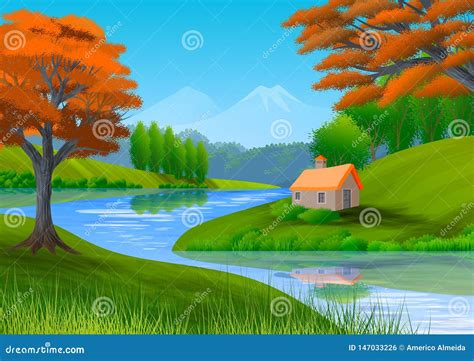 Paisaje De La Naturaleza Con La Montaña Los árboles Las Colinas Una