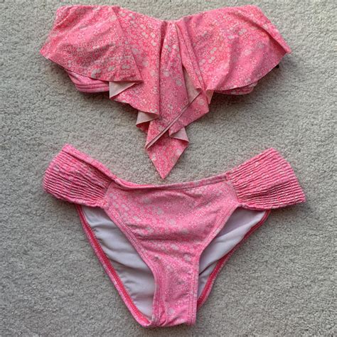 Pink Patterned Oneil Lightly Padded Strapless Bikini Depop