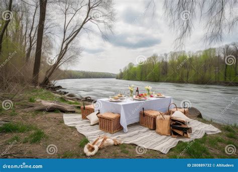 Picnic Setup On A Riverbank With View Of Rushing Water Stock Photo