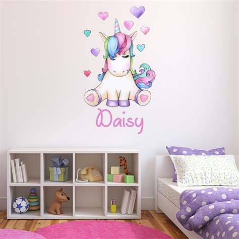 Custom Name Love Heart Unicorn Wall Sticker Personalised Kids Room Ws