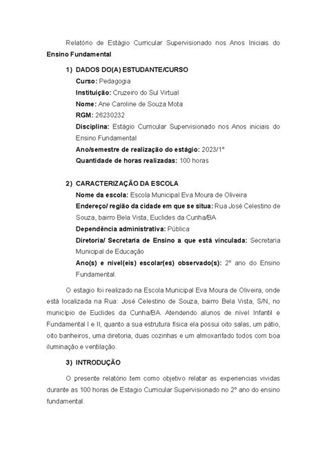 Relatorio Ensino Fundamental Anos Iniciais - Relatório de Estágio Curricular Supervisionado nos Anos Iniciais do ...