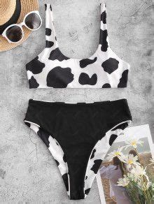ZAFUL Reversible Cow Print Ribbed Bikini Set In BLACK ZAFUL
