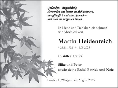 Traueranzeigen Von Martin Heidenreich Trauer Nordkurier