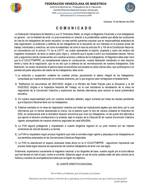 COMUNICADO Bienvenidos a la Federación Venezolana de Maestros