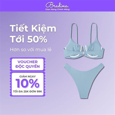 Set đồ bơi nữ Bikini 2 mảnh Bradina trơn màu gân sọc có gọng khoét ngực gợi cảm BKN12