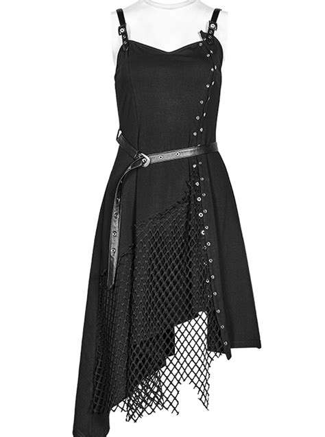 Gothic Daily Black Punk Mesh Small Eyelet Decoration Irregular Hem