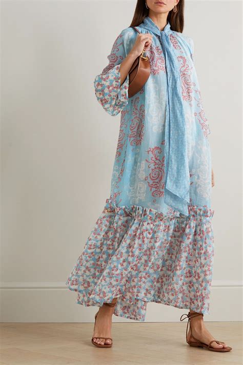 Yvonne S Angelica Pussy Bow Tiered Printed Linen Maxi Dress The Outnet