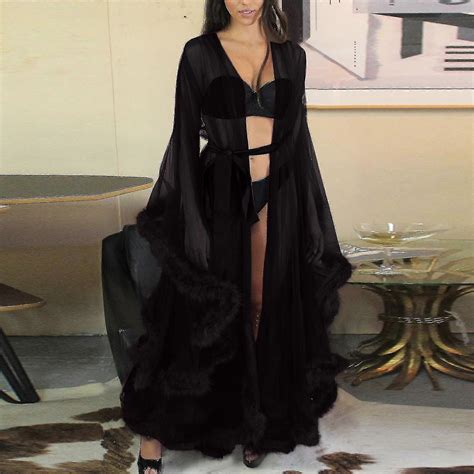Women Fashion Tulle Robe Long Lingerie Nightgown Bathrobe Sleepwear Feather Bridal Robe Lace