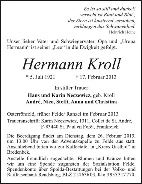 Traueranzeigen Von Hermann Kroll Trauer Anzeigen De