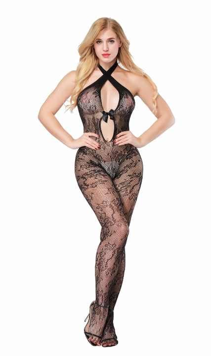 Halter Neck Backless Sheer Lace Lingerie Bodysuit Bodystocking