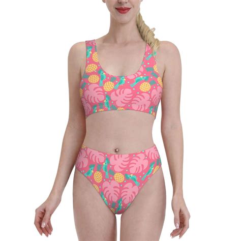 High Waisted Bikini Sets For Women Cartoon Cockatoo Parrot Leaves Pink Piece Sporty Bathing