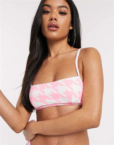 Asos Design Square Neck Rib Skinny Crop Bikini Top In Neon Pink Hounds