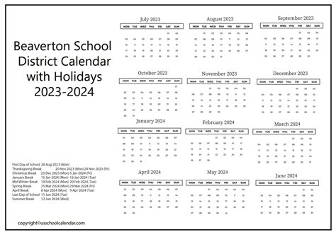 Beaverton School District Calendar with Holidays 2023-2024