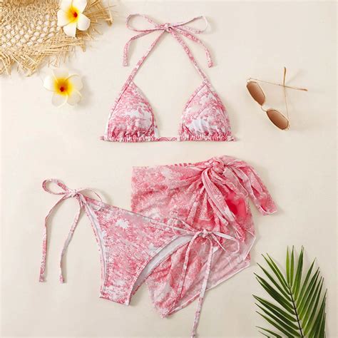 Three Pieces Women Bikini Set Tie Dyed Sexy Micro Bikinis Halter Neck Lace Swimwear Women