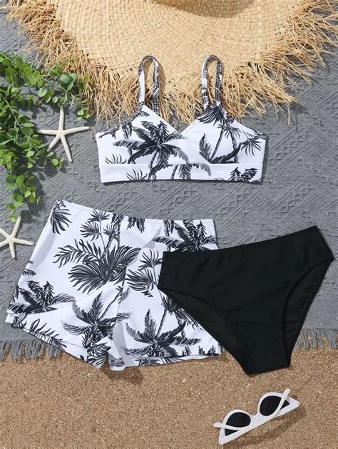 Tween Girl 3pcs Palm Tree Print Bikini Set Bikini Bottom Summer Beach SHEIN USA