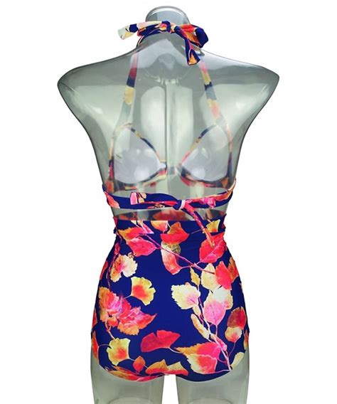 50s Retro Tie Front Bikini Set Floral Print Halter High Waist Ruched Swimsuit FBA Red Maple