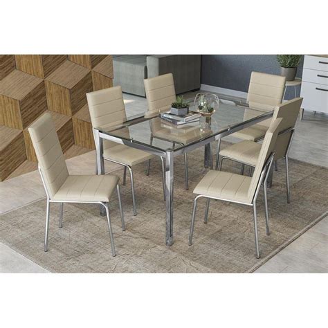 Conjunto Mesa Sala Jantar Reno C Tampo Vidro 150cm 6 Cadeiras Amsterdã Cromado courano Nude