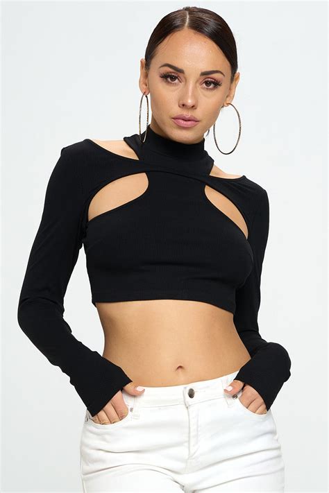 Front Cut Out Mock Neck Long Sleeve Crop Top Ohyes Fashion