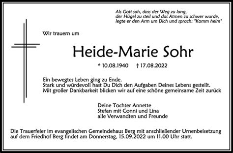 Traueranzeigen Von Heide Marie Sohr Schwaebische De Trauerportal