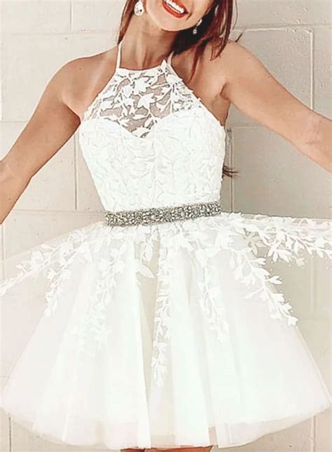 WD0673 Cute White Lace Homecoming Dresses Beaded Halter Homecoming