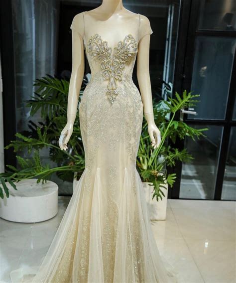 Gold Beaded Bodice Trumpet Weddingevening Dress With Glitter Tulle