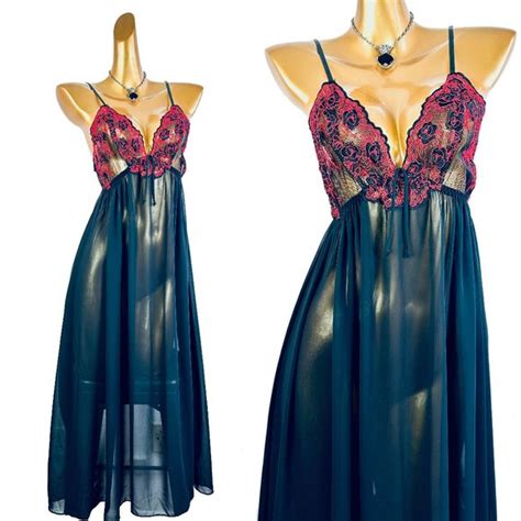 Vintage Intimates Sleepwear Vintage 9s Black Lace Babydoll Lingerie Long Slip Dress Poshmark