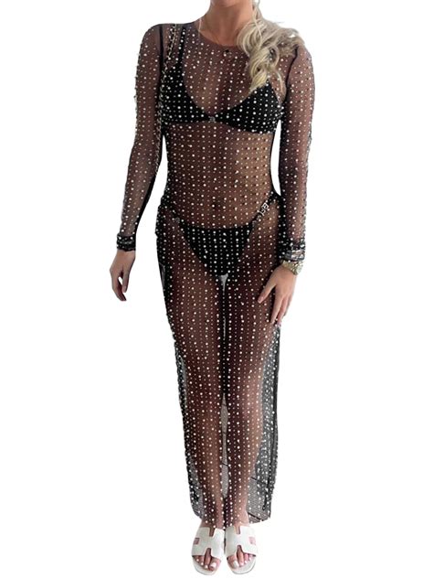 Amshibel Sexy Women See Through Pearl Rhinestone Bikini Cover Up Long