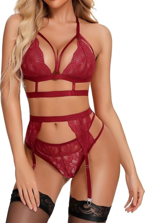 RSLOVE Sexy Lingerie For Women Floral Lace Bra And Panty Set 3 Pieces Bra Set With Garter Belt