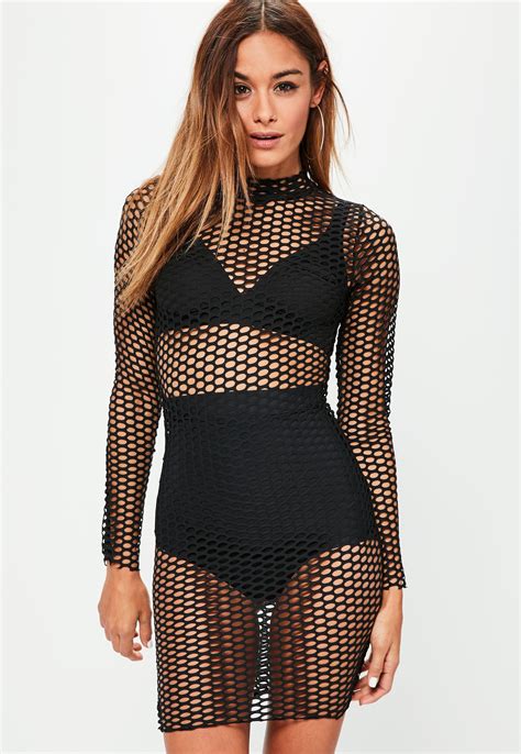 Lyst Missguided Black Fishnet High Neck Long Sleeve Bodycon Dress In