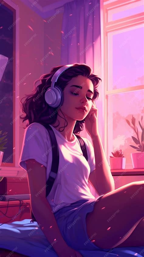 Premium AI Image | A girl with headphones on listening to music