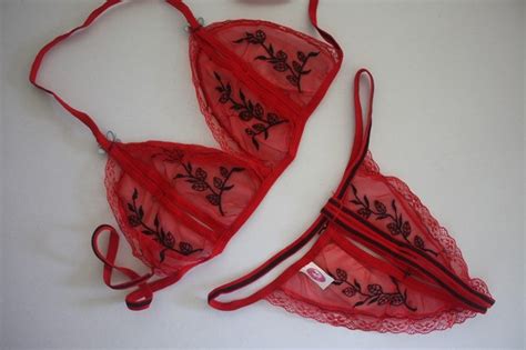 Fashion Care U L Red Sheer Sexy Peek A Boo Embrodery Floral Bikini Pcs Bra Set