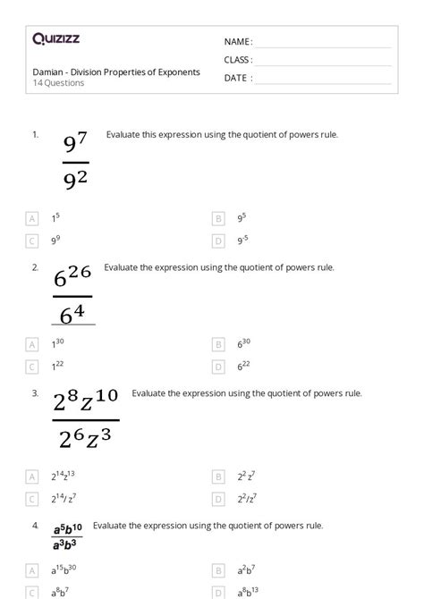 Properties Of Exponents Worksheets For Th Grade On Quizizz Free